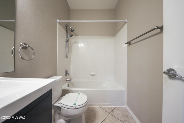 bathroom with vanity, washtub / shower combination, baseboards, toilet, and tile patterned flooring