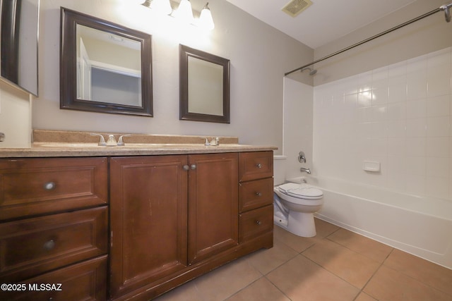full bathroom with tile patterned flooring, double vanity, visible vents, toilet, and shower / bathing tub combination