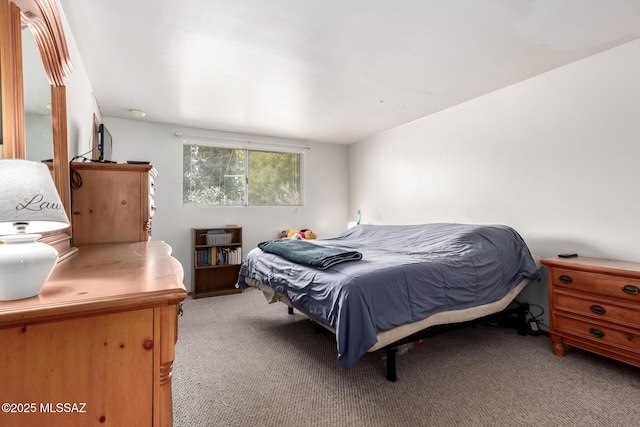bedroom featuring light carpet