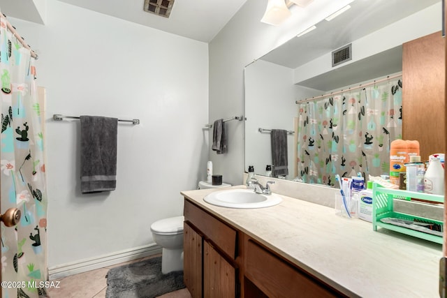 bathroom with visible vents, tile patterned floors, toilet, and vanity