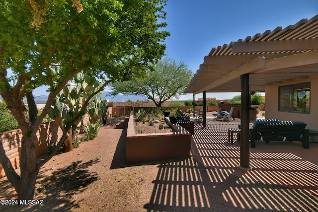 875 S Corte Monte Cristo, Green Valley, AZ 85614 - view of patio with a pergola, a garden, and a fenced backyard