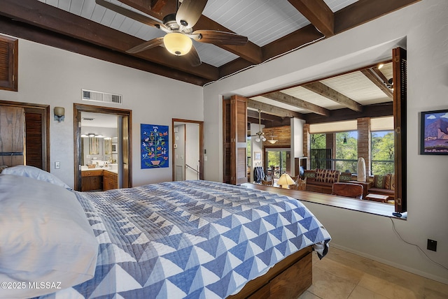 bedroom with visible vents, a ceiling fan, beam ceiling, ensuite bath, and wood ceiling