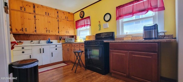 kitchen with a sink, light wood-style flooring, a toaster, and black range with gas cooktop