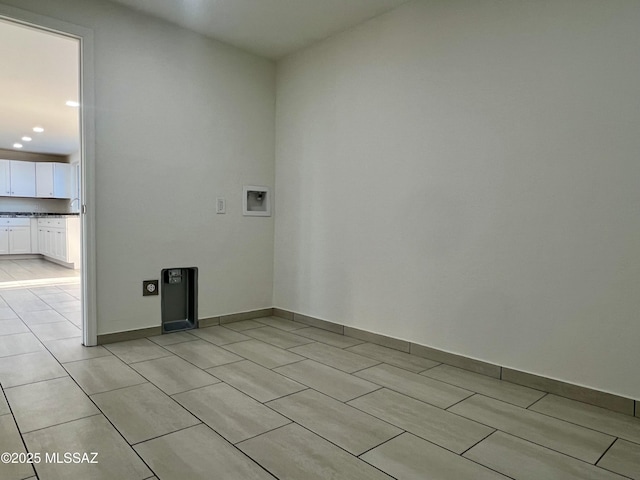 laundry area featuring electric dryer hookup, laundry area, baseboards, recessed lighting, and hookup for a washing machine