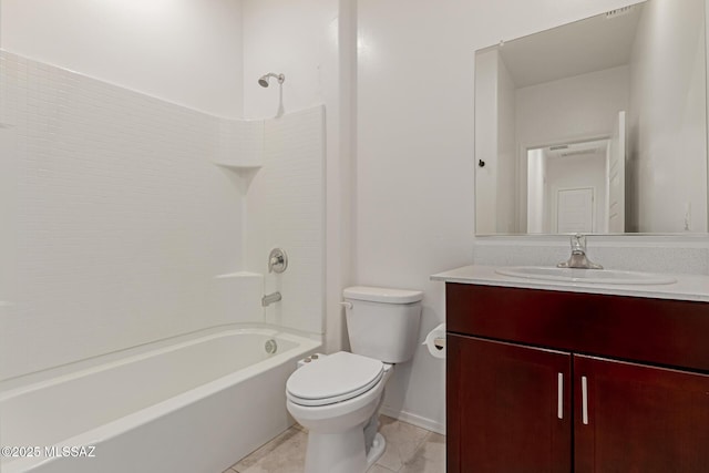 full bathroom featuring baseboards, toilet, tile patterned floors, vanity, and shower / bathtub combination