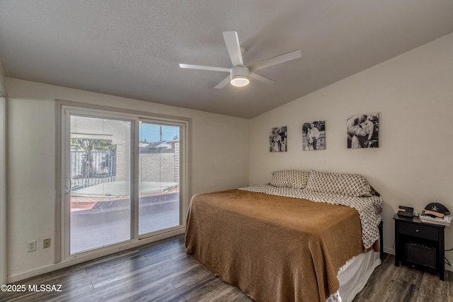 bedroom with lofted ceiling, wood finished floors, and ceiling fan