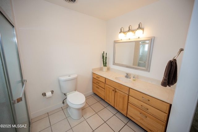 bathroom featuring toilet, vanity, tile patterned flooring, baseboards, and visible vents