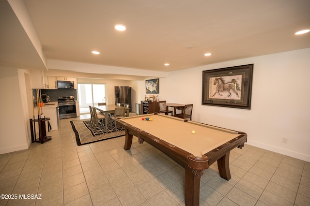 rec room with recessed lighting, light tile patterned floors, baseboards, a sink, and billiards