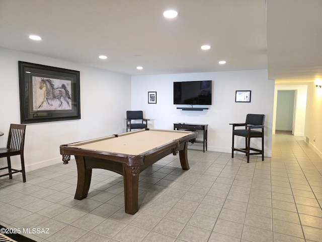 recreation room featuring baseboards, billiards, recessed lighting, and light tile patterned floors