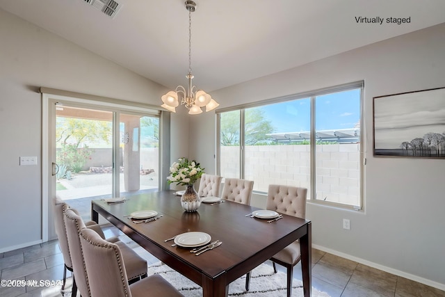 dining room with vaulted ceiling, baseboards, visible vents, a notable chandelier, and light tile patterned floors