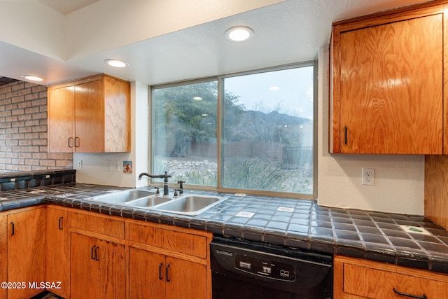 5374 E Spring Rd, Hereford, AZ 85615 - kitchen with tile counters, dishwasher, brown cabinets, recessed lighting, and a sink
