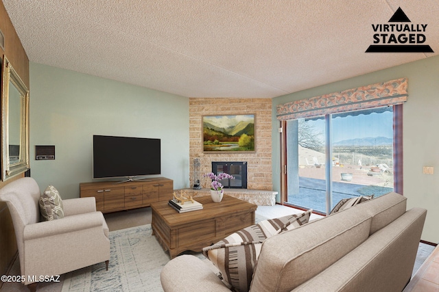 32551 S Moyza Ranch Rd, Amado, AZ 85645 - living area with a textured ceiling and a large fireplace