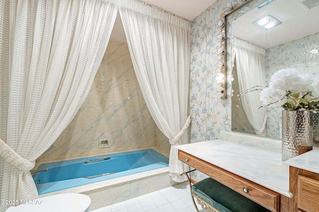 32551 S Moyza Ranch Rd, Amado, AZ 85645 - full bathroom with toilet, vanity, visible vents, wallpapered walls, and shower / bath combination with curtain