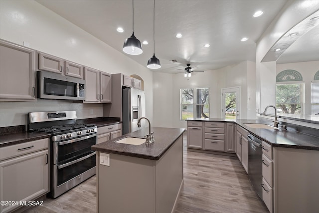 kitchen with a kitchen island with sink, a sink, stainless steel appliances, and a ceiling fan