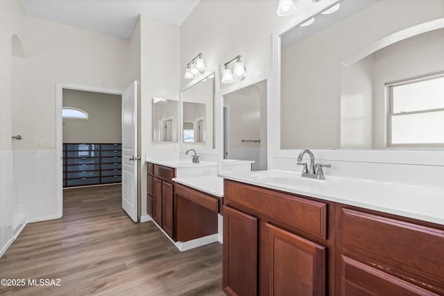 bathroom with wood finished floors, a sink, and two vanities