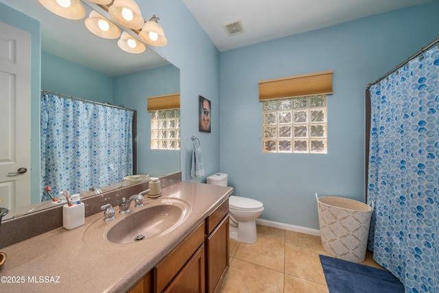 bathroom with visible vents, baseboards, toilet, vanity, and tile patterned floors