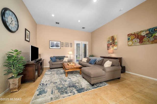 living room featuring visible vents, baseboards, light tile patterned floors, recessed lighting, and french doors