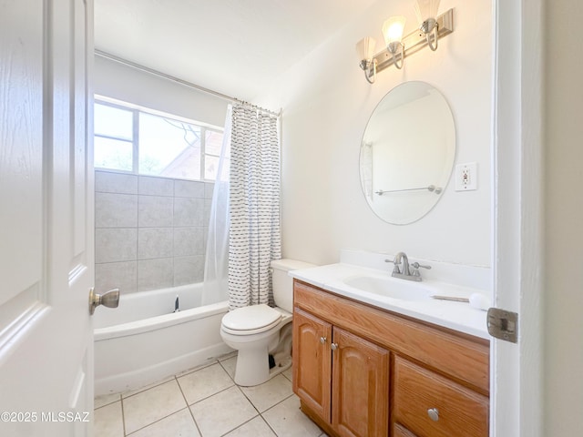 3926 E Camino De Palmas, Tucson, AZ 85711 - bathroom featuring tile patterned floors, vanity, toilet, and shower / bathtub combination with curtain