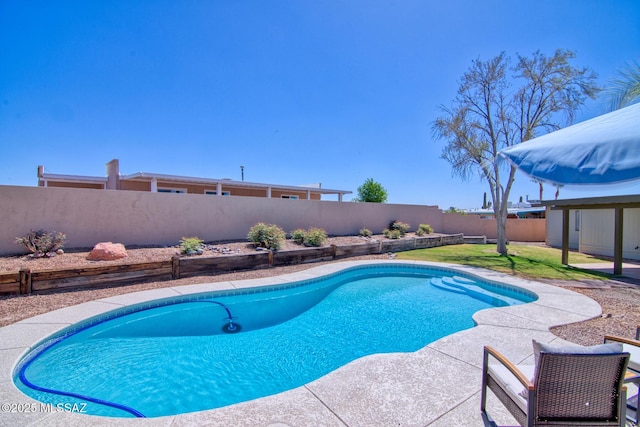 view of pool featuring a fenced backyard, a patio area, a fenced in pool, and a lawn