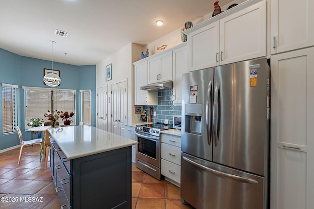 3437 S Abrego Dr, Green Valley, AZ 85614 - kitchen featuring light countertops, stainless steel appliances, under cabinet range hood, decorative backsplash, and white cabinets