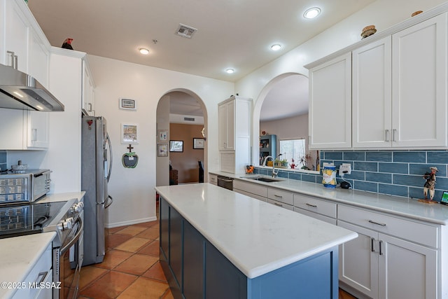 3437 S Abrego Dr, Green Valley, AZ 85614 - kitchen featuring appliances with stainless steel finishes, arched walkways, a sink, exhaust hood, and backsplash