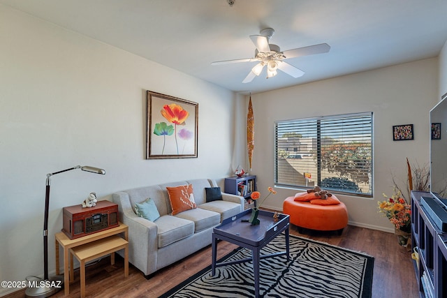3437 S Abrego Dr, Green Valley, AZ 85614 - living room featuring baseboards, wood finished floors, and a ceiling fan