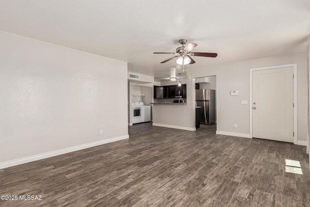 unfurnished living room featuring a ceiling fan, baseboards, visible vents, and dark wood-style floors