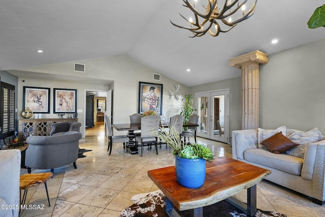 3167 N Corona Pl, Nogales, AZ 85621 - living room with recessed lighting, a notable chandelier, vaulted ceiling, and visible vents