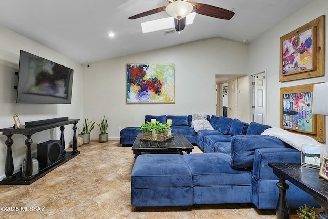 3167 N Corona Pl, Nogales, AZ 85621 - tiled living area with a ceiling fan, baseboards, vaulted ceiling, and visible vents