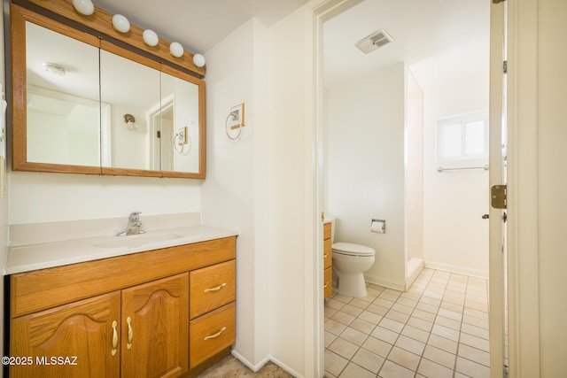 full bath with visible vents, baseboards, toilet, tile patterned floors, and vanity