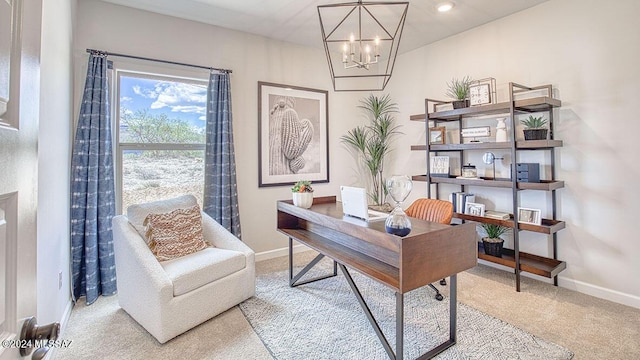 carpeted office with baseboards and a chandelier