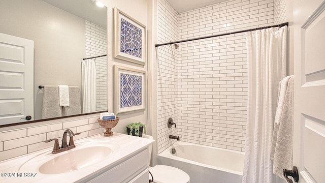 full bathroom with toilet, vanity, and shower / bathtub combination with curtain