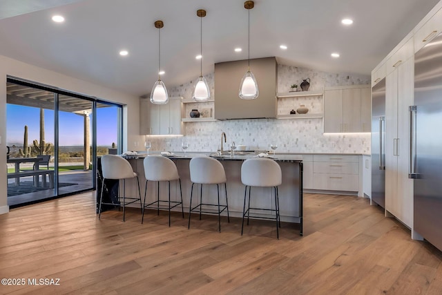 6800 N Cocopas Rd, Tucson, AZ 85718 - kitchen featuring open shelves, vaulted ceiling, modern cabinets, white cabinets, and recessed lighting