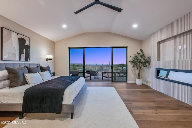 6800 N Cocopas Rd, Tucson, AZ 85718 - bedroom with wood finished floors, lofted ceiling, a ceiling fan, access to outside, and recessed lighting