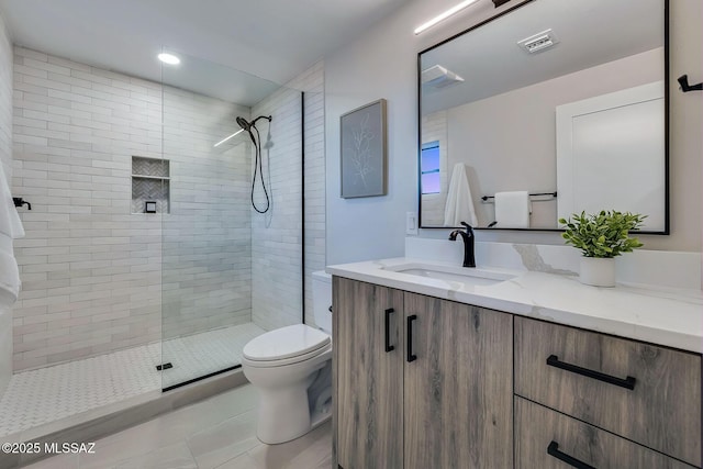 6800 N Cocopas Rd, Tucson, AZ 85718 - bathroom with toilet, a shower stall, vanity, and tile patterned floors
