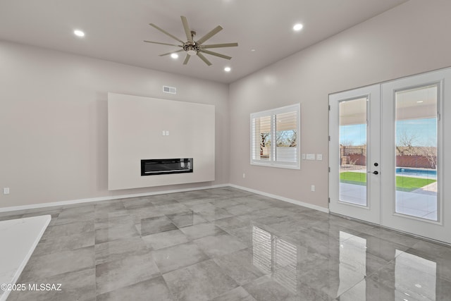2891 N Wentworth Rd, Tucson, AZ 85749 - unfurnished living room with french doors, baseboards, visible vents, ceiling fan, and recessed lighting