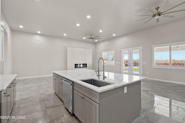 2891 N Wentworth Rd, Tucson, AZ 85749 - kitchen with gray cabinets, french doors, a sink, dishwasher, and ceiling fan