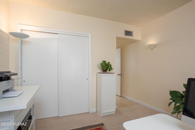 1194 S Alpine Cir, Green Valley, AZ 85614 - interior space with a closet, light carpet, a textured ceiling, baseboards, and visible vents