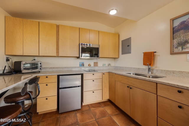 kitchen featuring a sink, electric panel, light brown cabinets, and stainless steel appliances