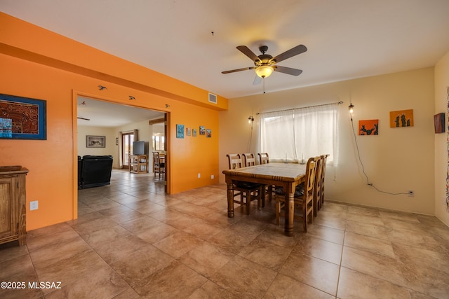 dining room with visible vents, a ceiling fan, and plenty of natural light