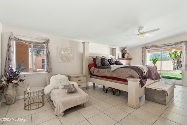 bedroom featuring vaulted ceiling, baseboards, access to outside, light tile patterned flooring, and a ceiling fan