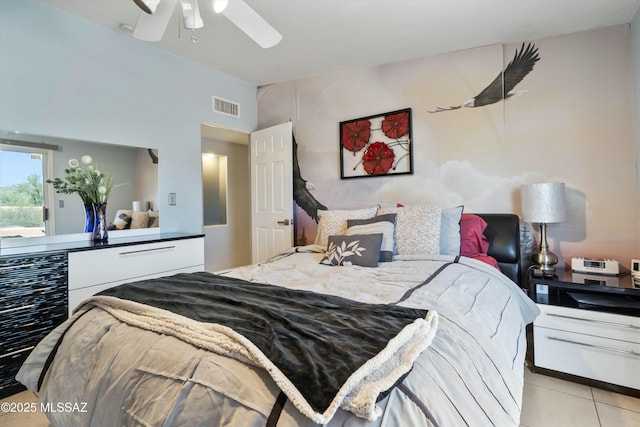 bedroom featuring visible vents, a ceiling fan, lofted ceiling, and light tile patterned floors