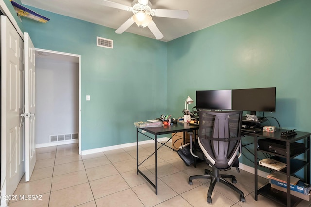tiled office space featuring a ceiling fan, baseboards, and visible vents