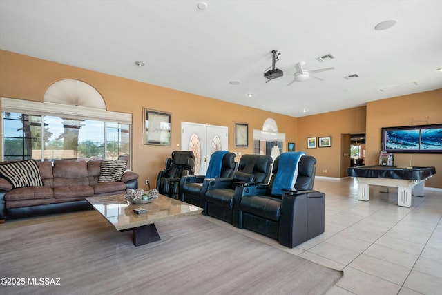 interior space with pool table, ceiling fan, visible vents, and light tile patterned floors