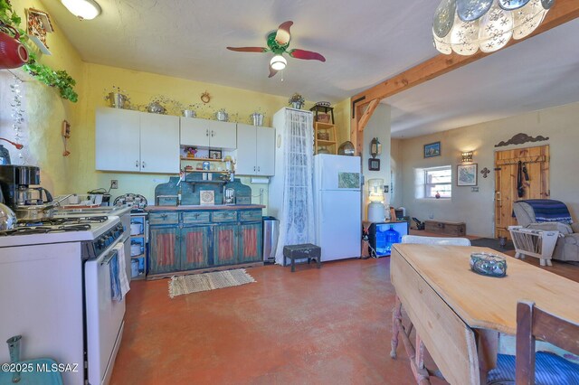 kitchen featuring white cabinets, a ceiling fan, white appliances, concrete flooring, and open shelves