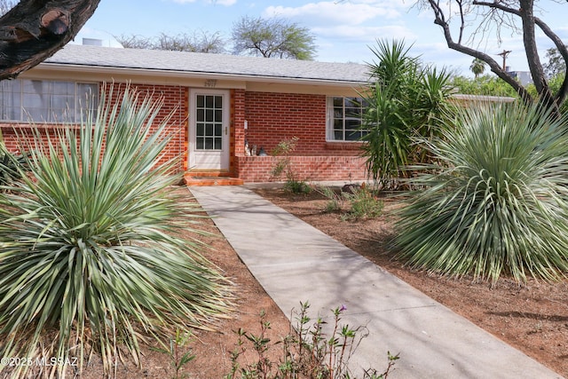 view of exterior entry with brick siding and a shingled roof