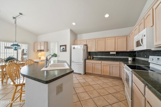 kitchen featuring a sink, dark countertops, white appliances, and light brown cabinets