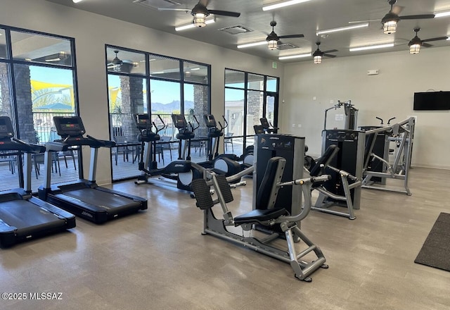 exercise room with visible vents and ceiling fan