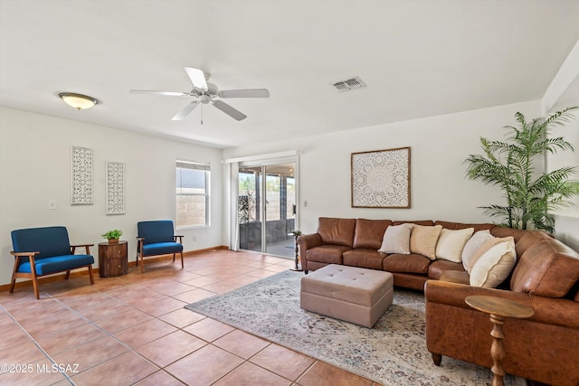 3398 W Sagebrush Hills Ct, Tucson, AZ 85741 - living area featuring light tile patterned flooring, a ceiling fan, visible vents, and baseboards