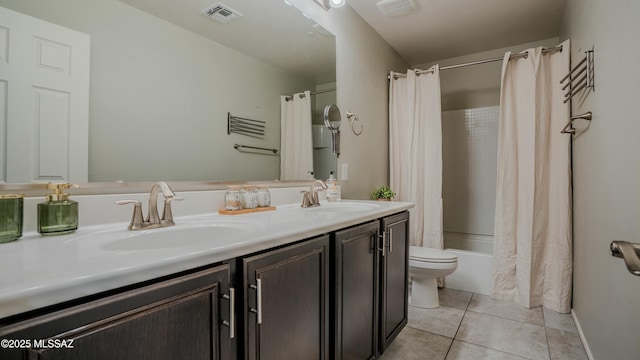 8754 W Denstone Rd, Marana, AZ 85653 - bathroom featuring shower / bathtub combination with curtain, double vanity, tile patterned floors, and toilet